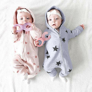 Newborn Infant Baby Girls Boys Stars Print Hooded Zipper Romper Jumpsuit Outfits