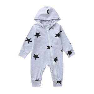 Newborn Infant Baby Girls Boys Stars Print Hooded Zipper Romper Jumpsuit Outfits