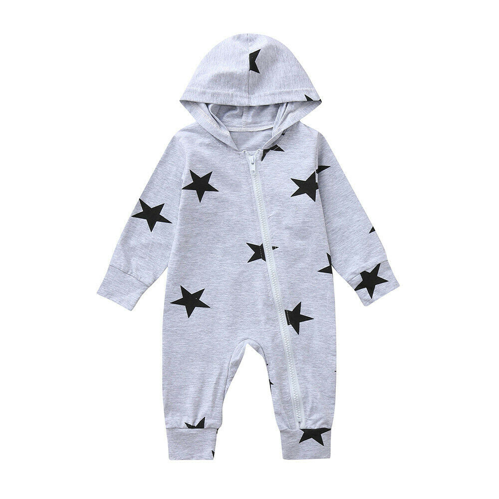Newborn Infant Baby Girls Boys Stars Print Hooded Zipper Romper Jumpsuit Outfits