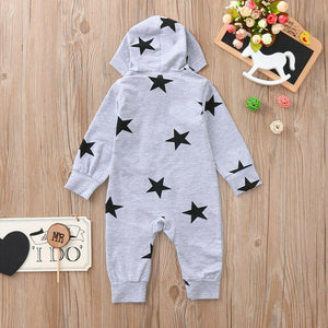 Newborn Infant Baby Girls Boys Stars Print Hooded Zipper Romper Jumpsuit Outfits